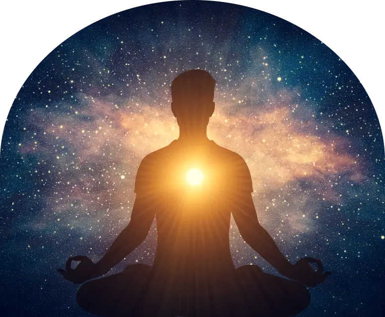 Meditator silhouette with radiant heart light